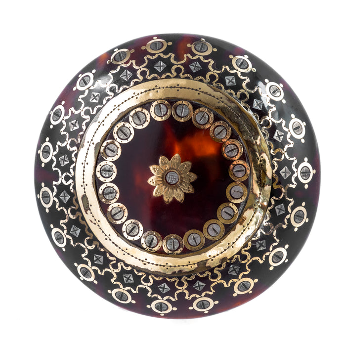 Victorian piqué tortoiseshell brooch with intricate gold and silver inlay, floral and star motifs, c.1880s.