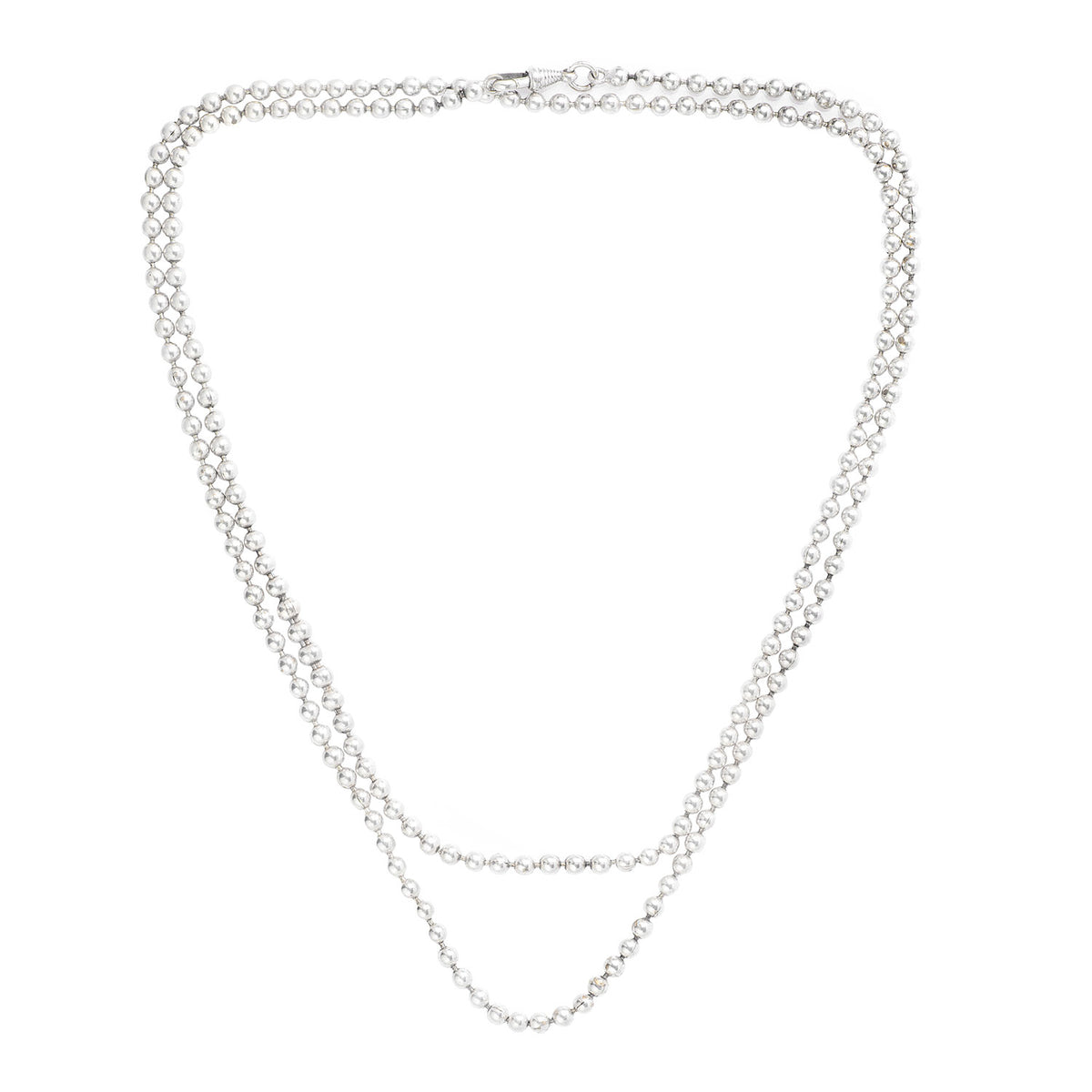 Antique Victorian silver ball necklace c.1880s, shown doubled up, 110cm continuous chain of polished silver beads.