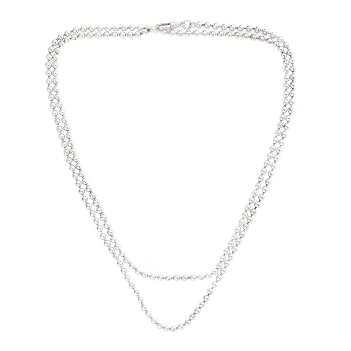 Antique Victorian silver ball necklace c.1880s, shown doubled up, 110cm continuous chain of polished silver beads.