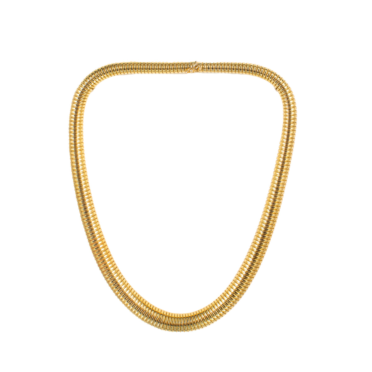 Vintage 18ct gold Tubogas necklace, England c.1980s, full view laid flat showing its coiled collar design.