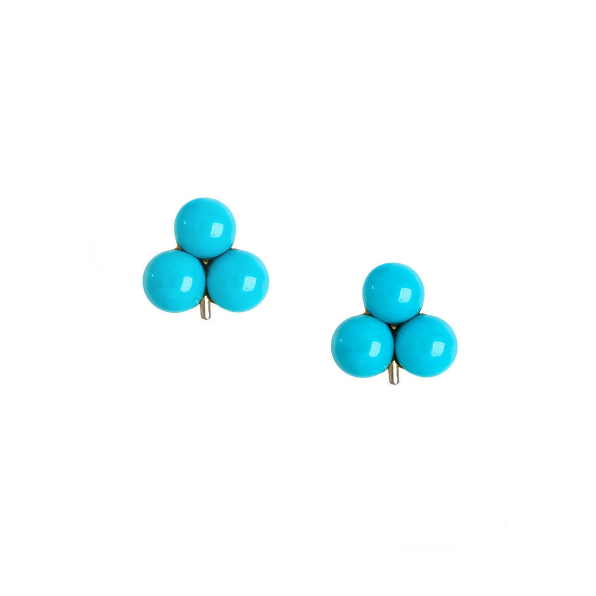 1950s turquoise and gold stud earrings, three turquoise beads in 9ct gold setting, vintage conversion from antique piece, British design
