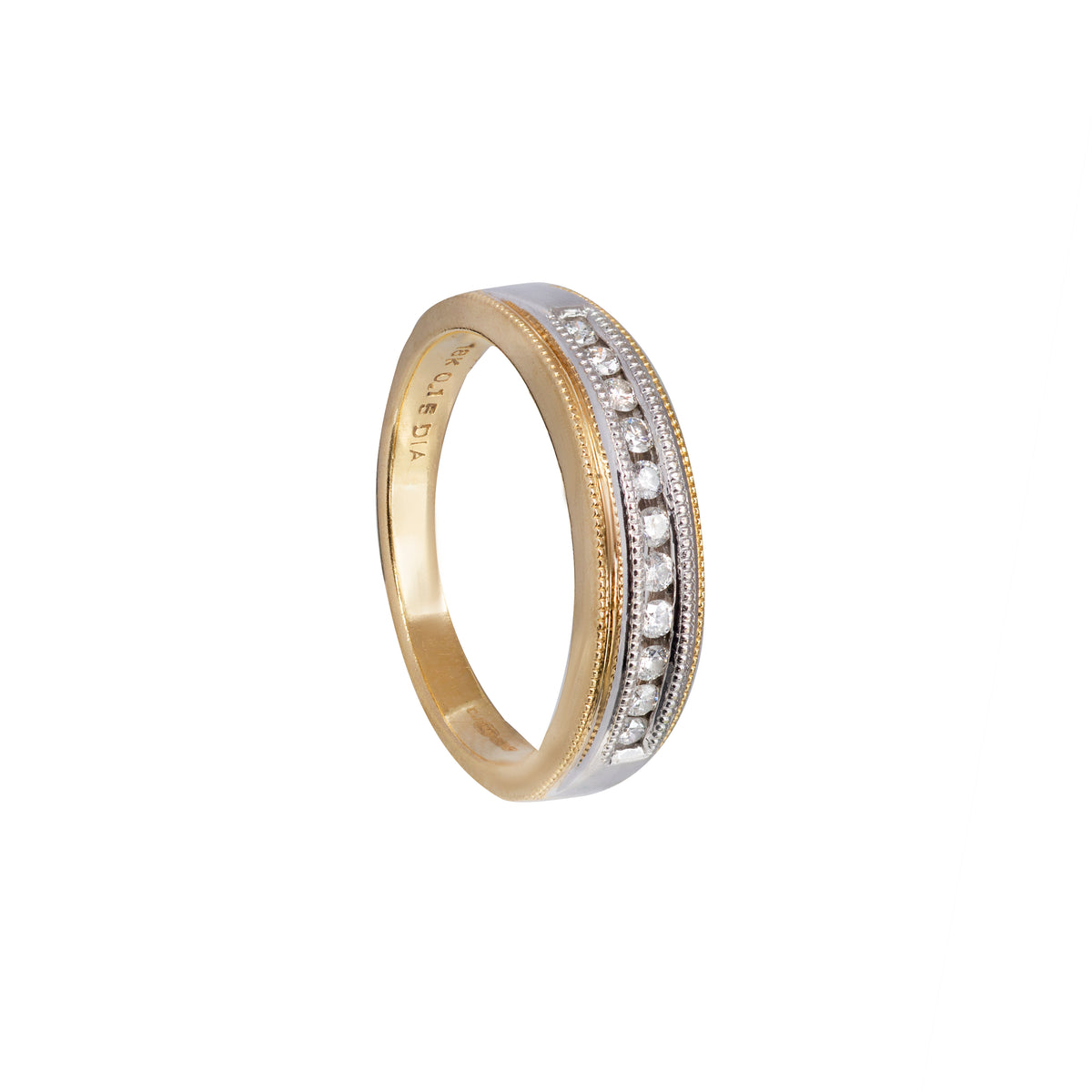 Angled view of vintage 18ct gold and platinum diamond ring with eleven brilliant-cut stones, size M