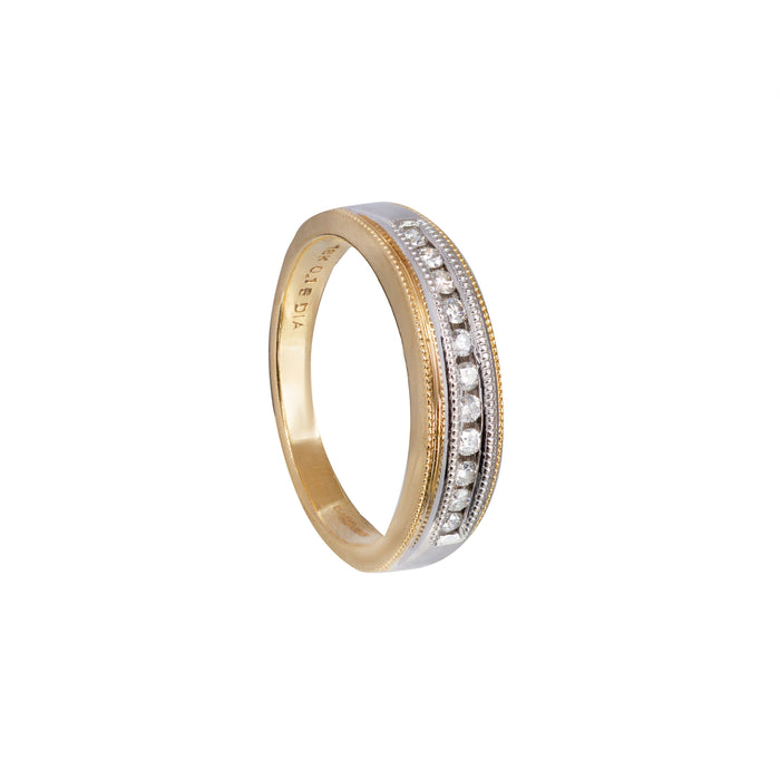 Angled view of vintage 18ct gold and platinum diamond ring with eleven brilliant-cut stones, size M