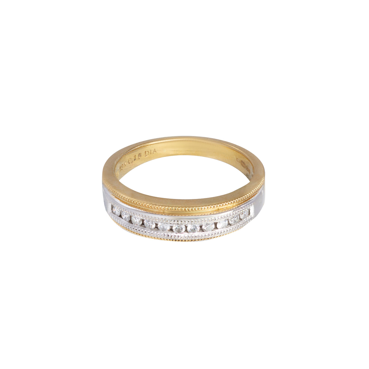 Close-up of 1980s British diamond band ring in 18ct yellow gold with platinum top and millegrain detail