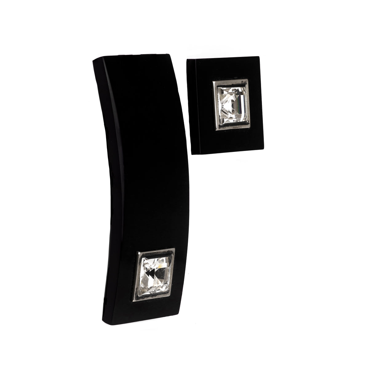 Sleek black onyx and sparkling paste belt buckle and button set from the 1930s, classic Art Deco style.