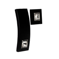 Sleek black onyx and sparkling paste belt buckle and button set from the 1930s, classic Art Deco style.