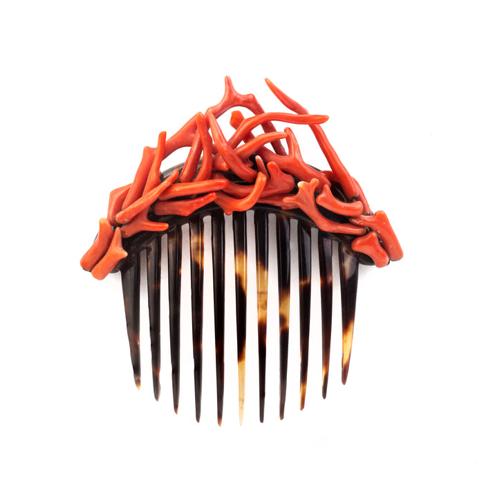 Victorian hair comb with natural red coral branches and faux tortoiseshell base, c.1880s