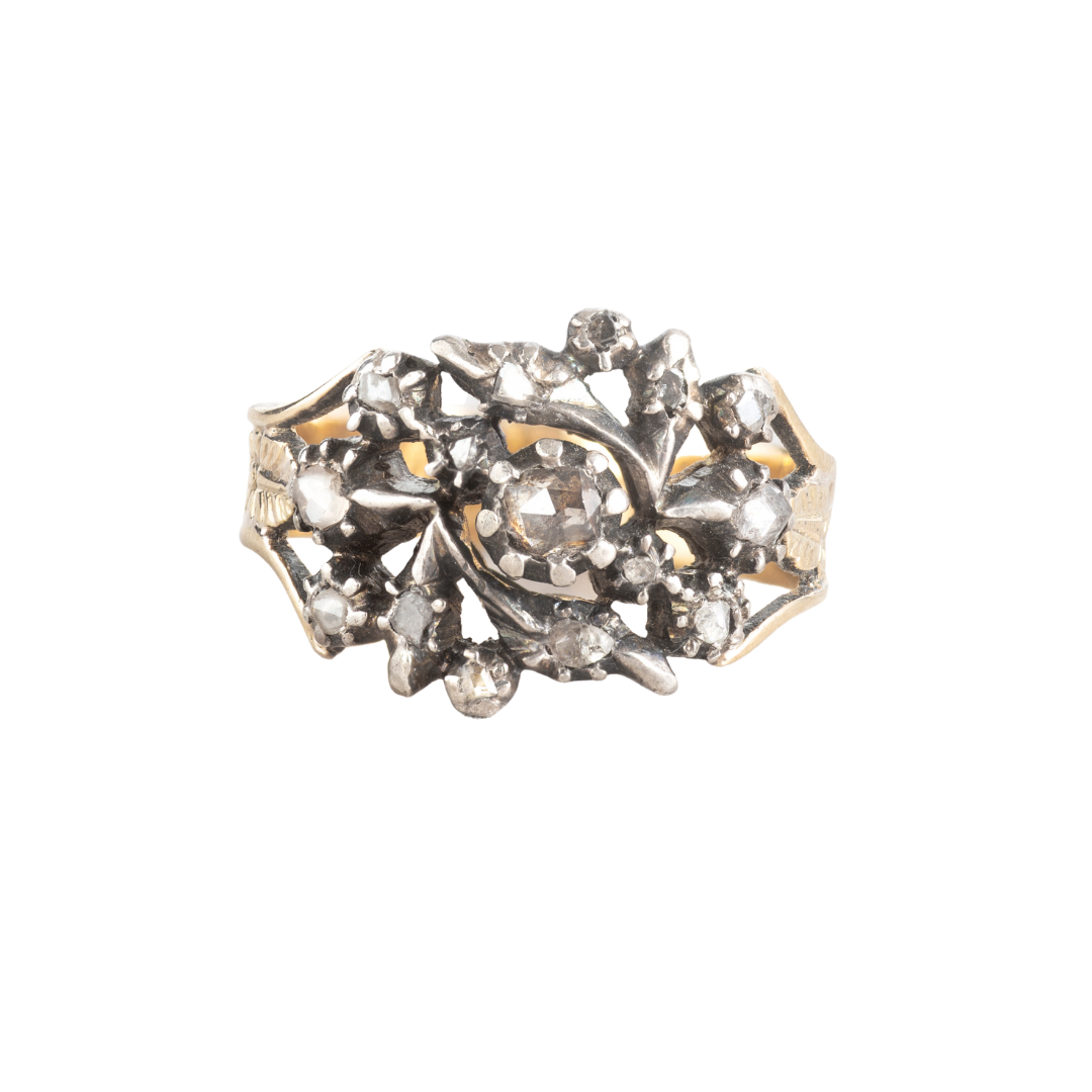 Georgian rose cut diamond ring in silver over gold with floral cluster setting, English c.1830