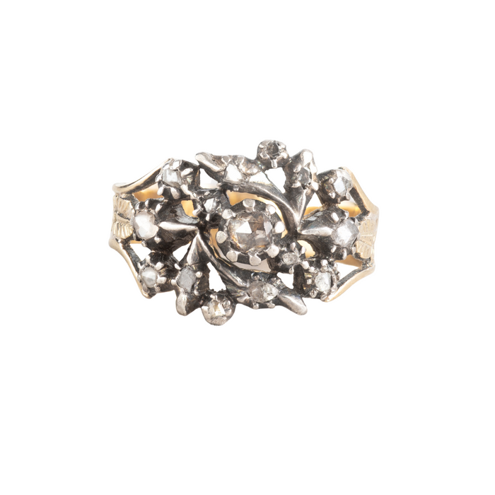 Georgian rose cut diamond ring in silver over gold with floral cluster setting, English c.1830