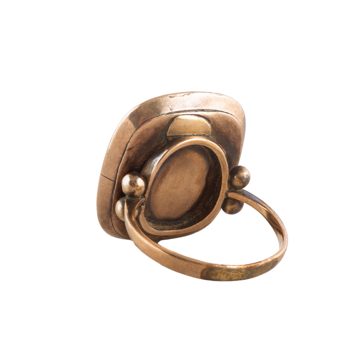Antique ring with foil backed golden topaz and natural pearl halo in rose gold