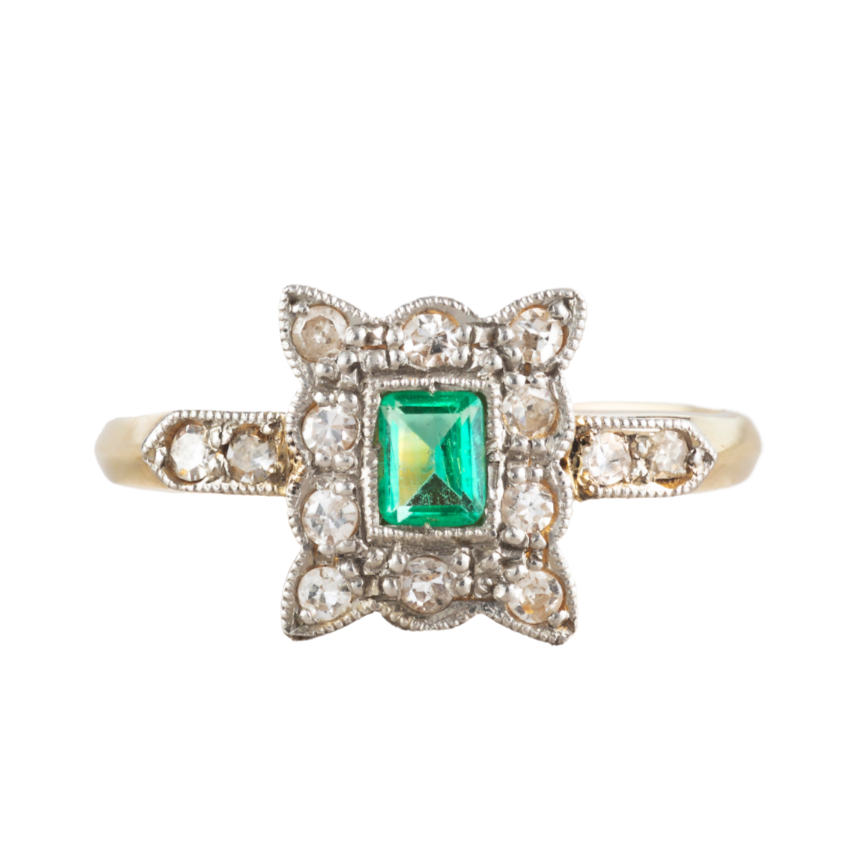 Antique emerald and diamond ring with square cut Colombian emerald and old cut diamonds, English c.1920s