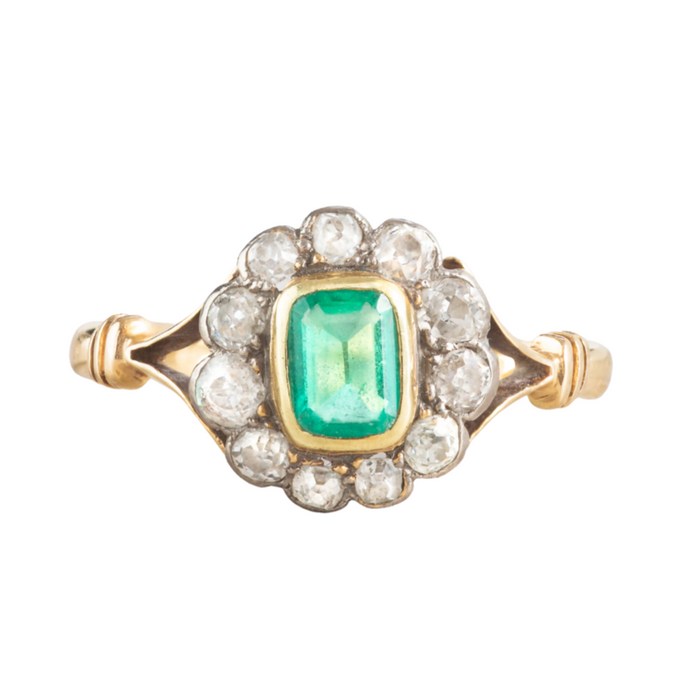 Victorian emerald and diamond ring with old cut stones and engraved 1942 dedication