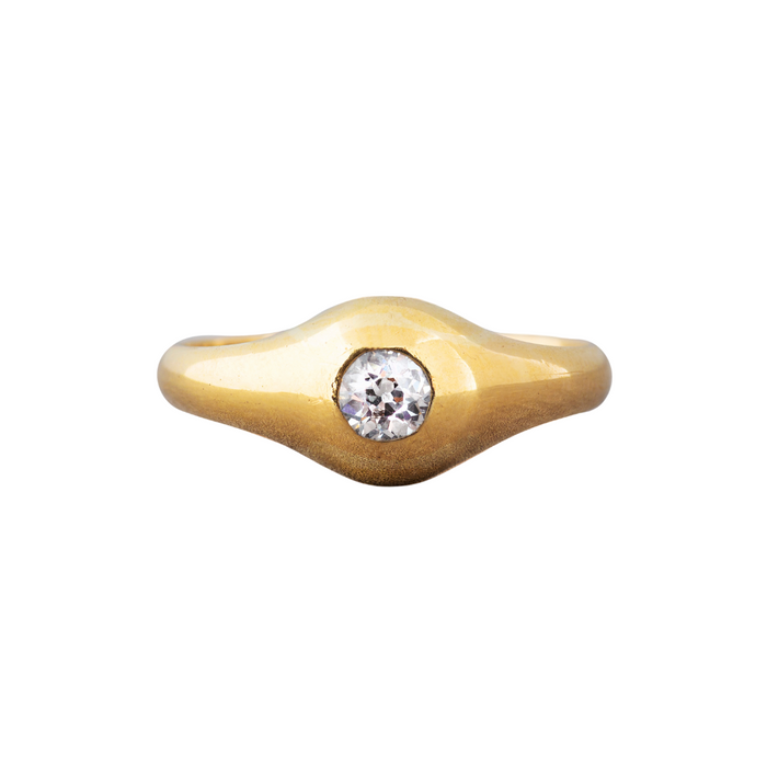 Antique English gypsy ring with old cut diamond set flush in sculpted 18ct gold band, c.1900