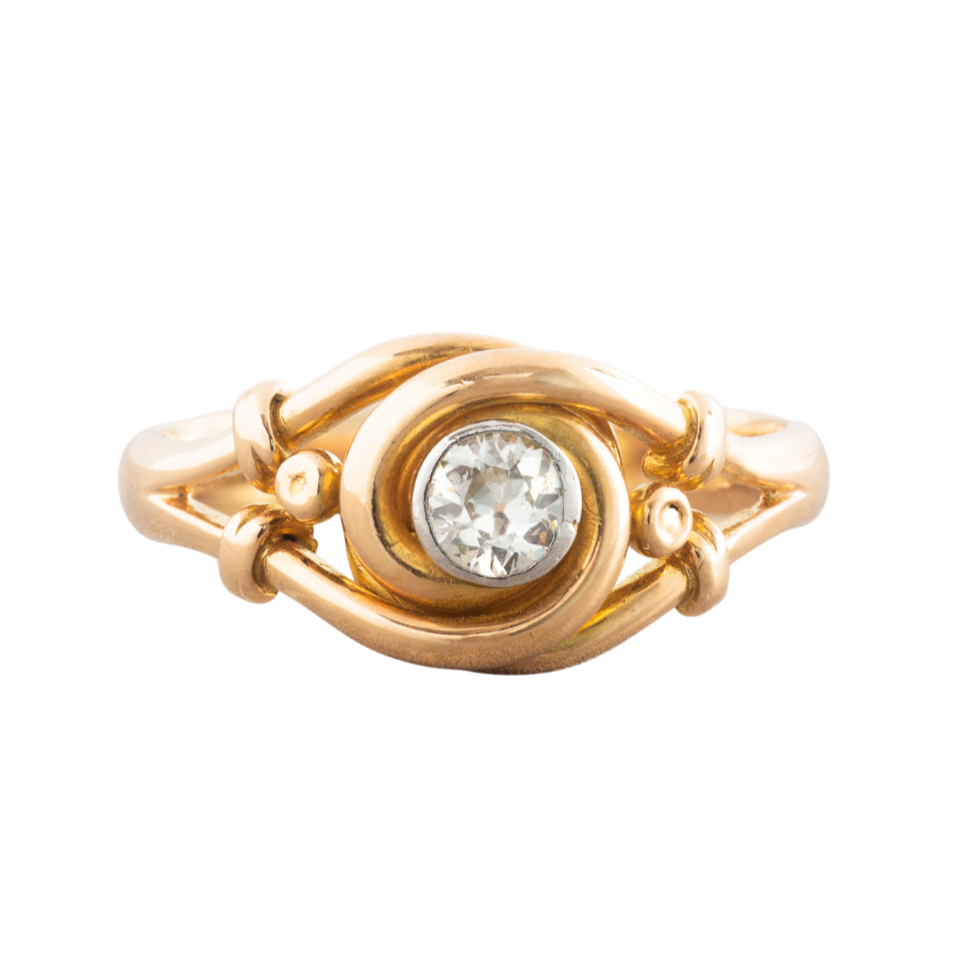 Art Nouveau diamond ring with 0.50ct old cut diamond in swirling 18ct gold setting, English, hallmarked Birmingham 1902