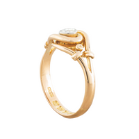 Antique English gold ring with old cut diamond and fluid Art Nouveau swirl design, fully hallmarked 1902