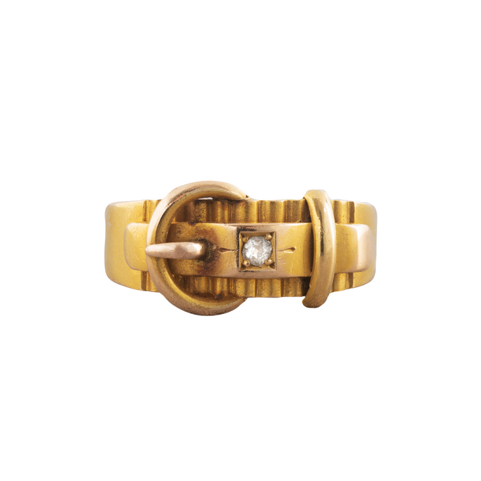 Victorian 15ct gold buckle ring with diamond set into the belt notch, engraved detail, Chester hallmark, c.1876