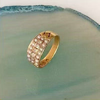 Victorian three-row ring set with old cut diamonds and natural pearls in 18ct gold, English hallmarked for 1888