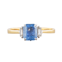 Sapphire and diamond ring with cornflower blue Ceylon sapphire and baguette shoulders, Swiss 1980s