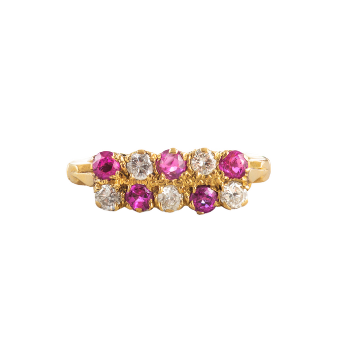 Antique ruby and diamond ring with double row checkerboard layout in 18ct gold, British c.1895
