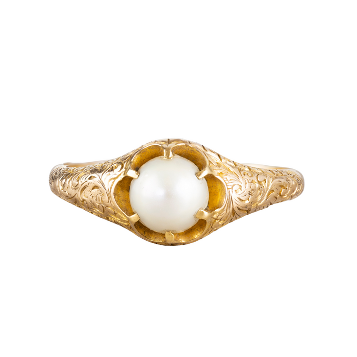 Antique pearl ring in 15ct gold with foliate engraved shoulders, English c.1880s