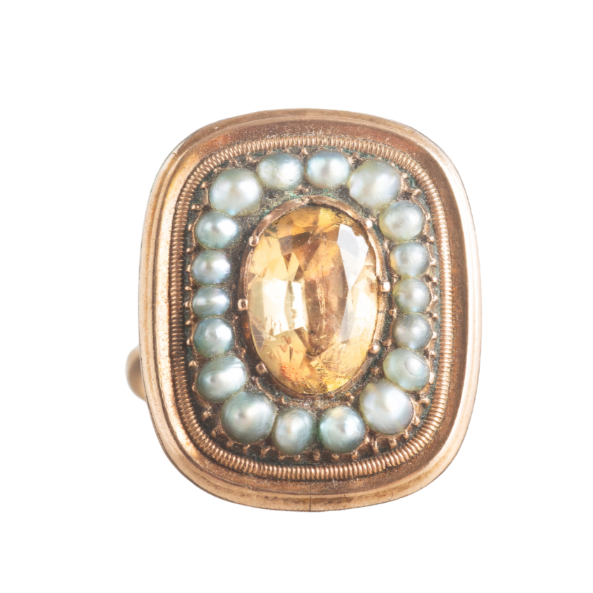 Georgian topaz and pearl ring in 9ct rose gold with closed back setting, English c.1820s