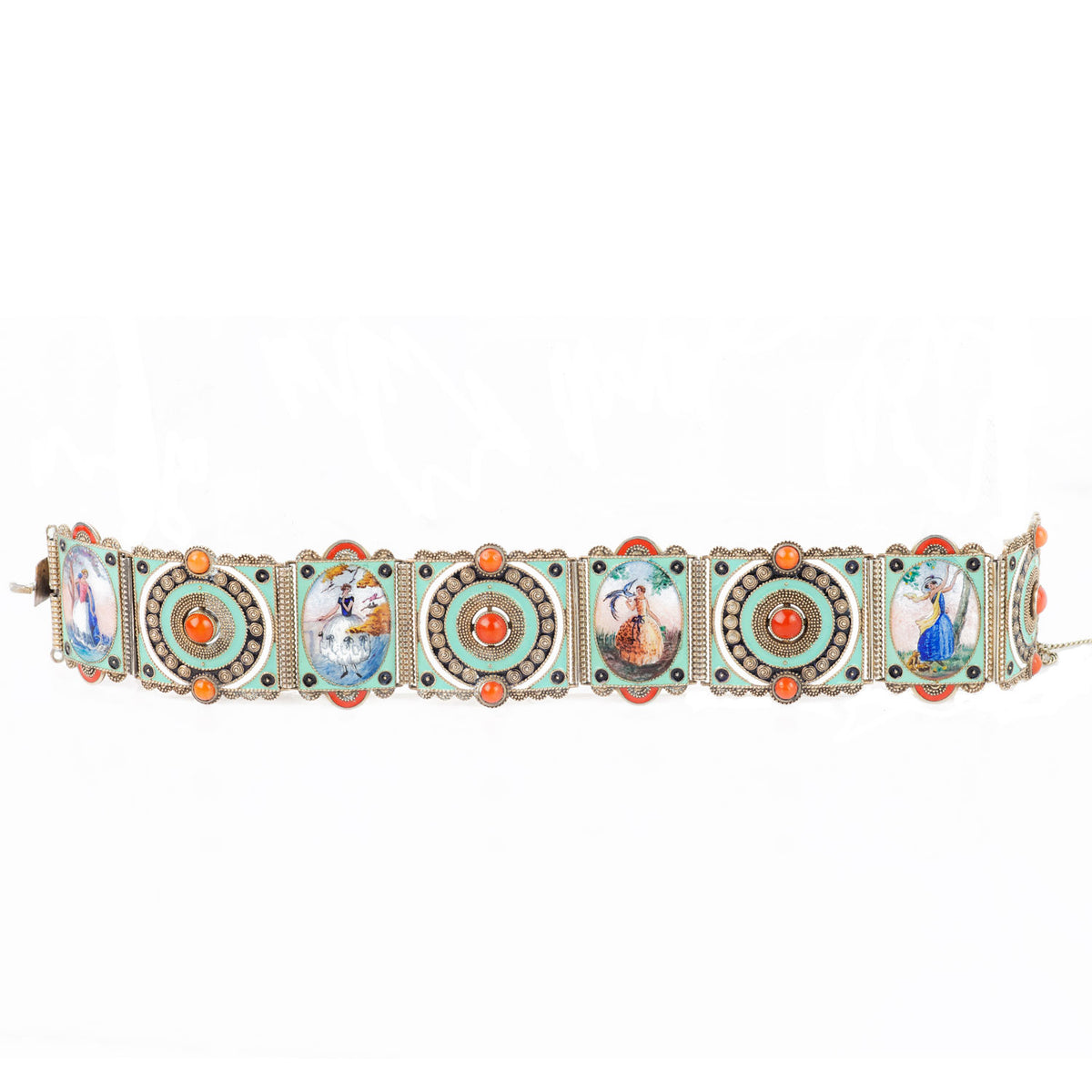 Antique Austro-Hungarian panel bracelet in silver gilt with enamel and coral, depicting four seasonal scenes
