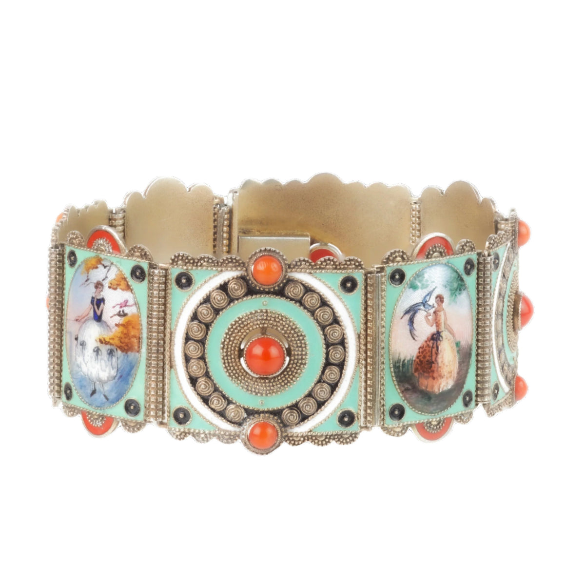 Raised silver gilt and coral cabochon panel with red and turquoise enamel detailing, Austro-Hungarian bracelet