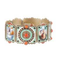 Raised silver gilt and coral cabochon panel with red and turquoise enamel detailing, Austro-Hungarian bracelet