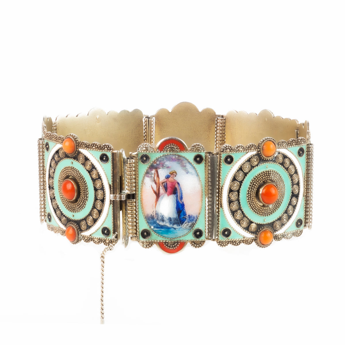 Side view of antique enamel bracelet with original clasp and filigree coral detail, c.1900
