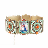 Side view of antique enamel bracelet with original clasp and filigree coral detail, c.1900