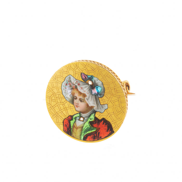 Antique French portrait brooch in 14ct gold, featuring a hand-painted enamel miniature of a woman with diamond accents