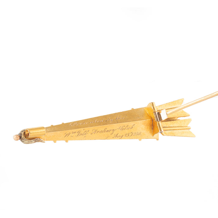 Reverse view of high carat gold brooch showing engraved dedication from William Tell Archery Club, Victorian era, 1880.