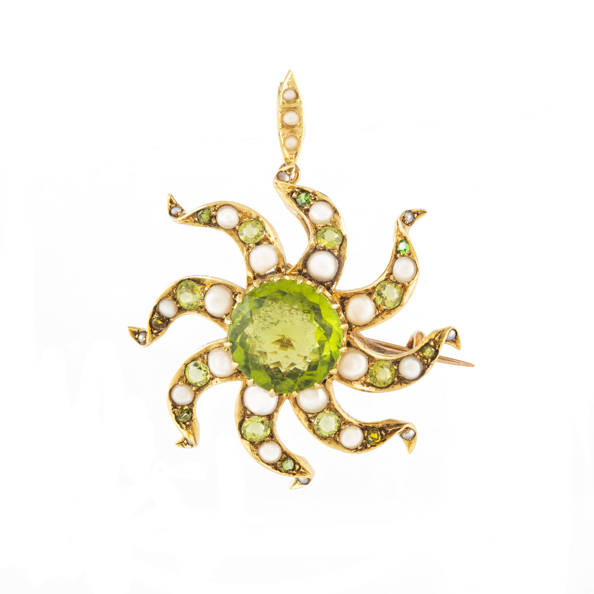 Victorian sunburst brooch pendant in 18ct gold with 6.5ct peridot and natural pearls, c.1880