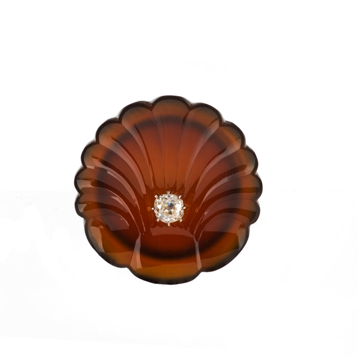 Victorian tortoiseshell brooch in the shape of an oyster shell with central old-cut diamond, c.1880s