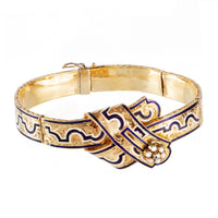 1850s Swedish buckle bracelet in 18ct gold with blue enamel, pearl and diamond cluster, engraved panels