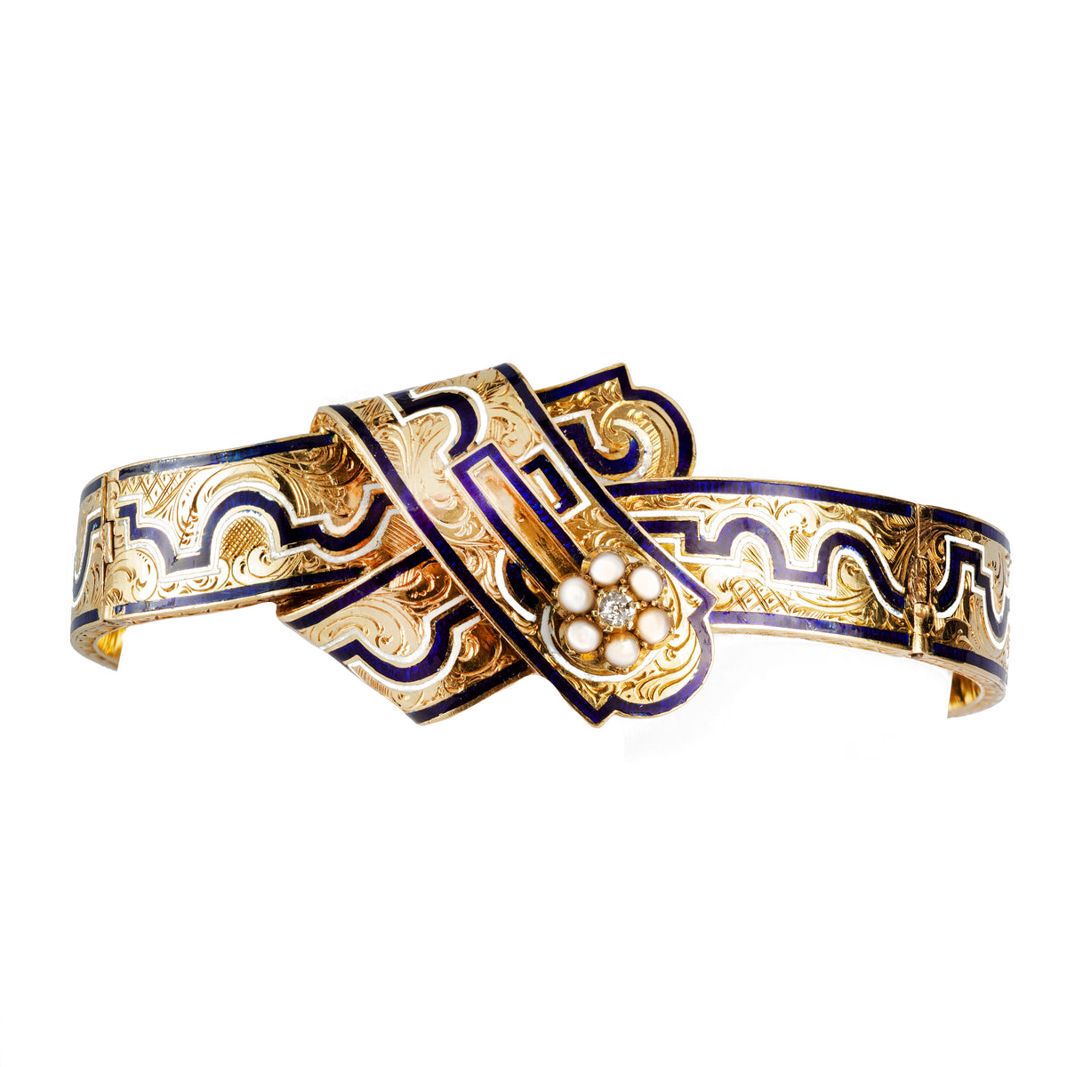 Victorian buckle bracelet, c.1850s, with blue enamel, pearls, diamond and engraved gold, symbolising loyalty and connection