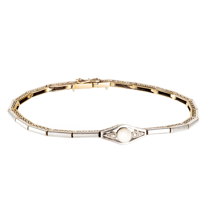 Antique Dutch bracelet in 18ct gold and platinum with pearl and diamond navette centre, c.1890s.