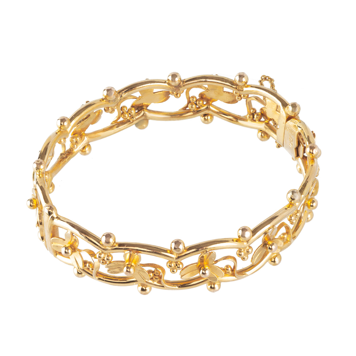 Antique 15ct gold bracelet with openwork leaf and bead design, British, c.1900
