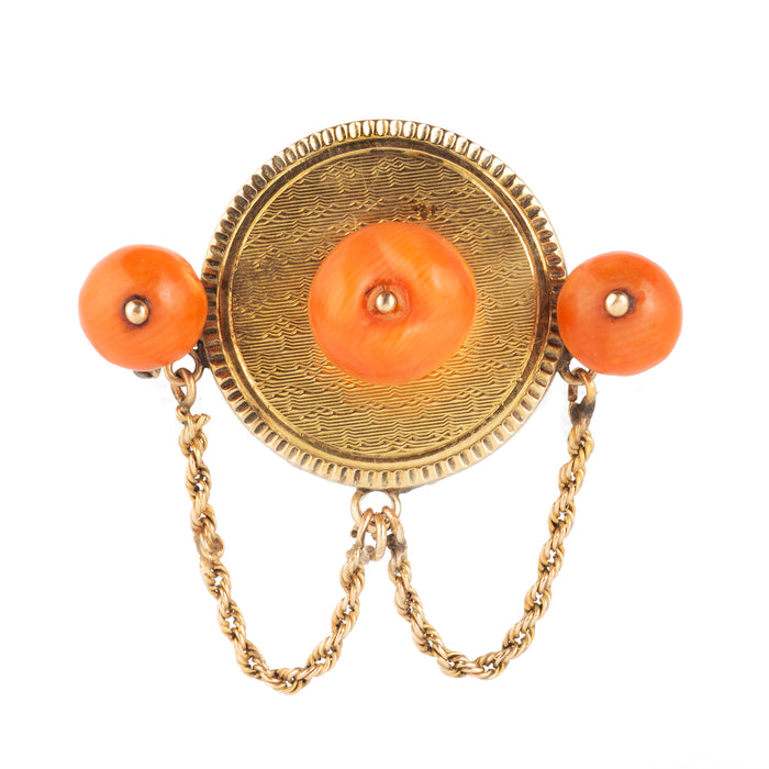 Mid-Victorian 18ct gold brooch with natural coral cabochons and draped chain detail