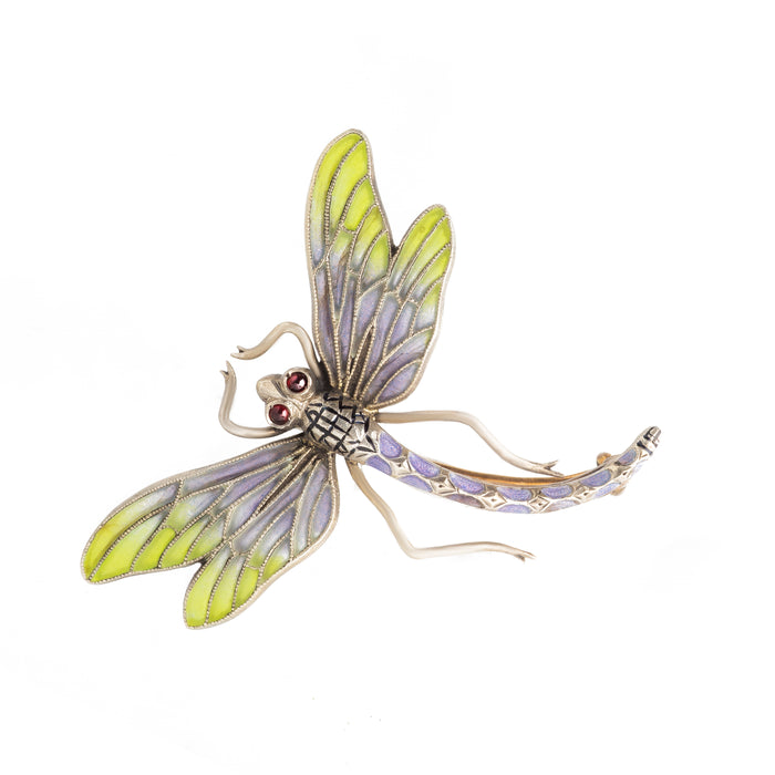 Art Nouveau plique-à-jour dragonfly brooch in silver with translucent enamel wings