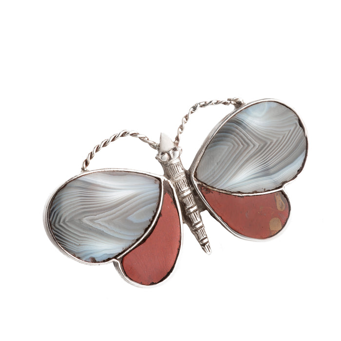 Victorian butterfly brooch set with agate in sterling silver, c.1880s