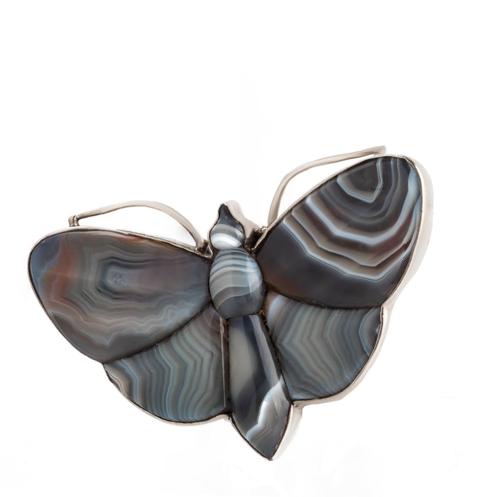 Victorian silver butterfly brooch with grey agate wings, c.1880s