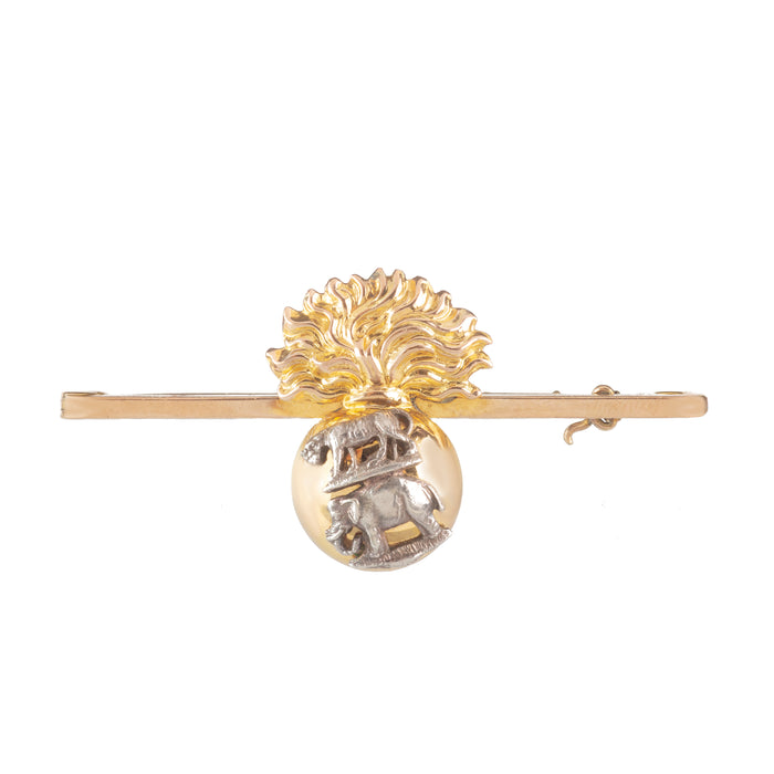 Antique 9ct gold brooch featuring elephant and tiger motif, likely linked to British military symbolism, c.1900.