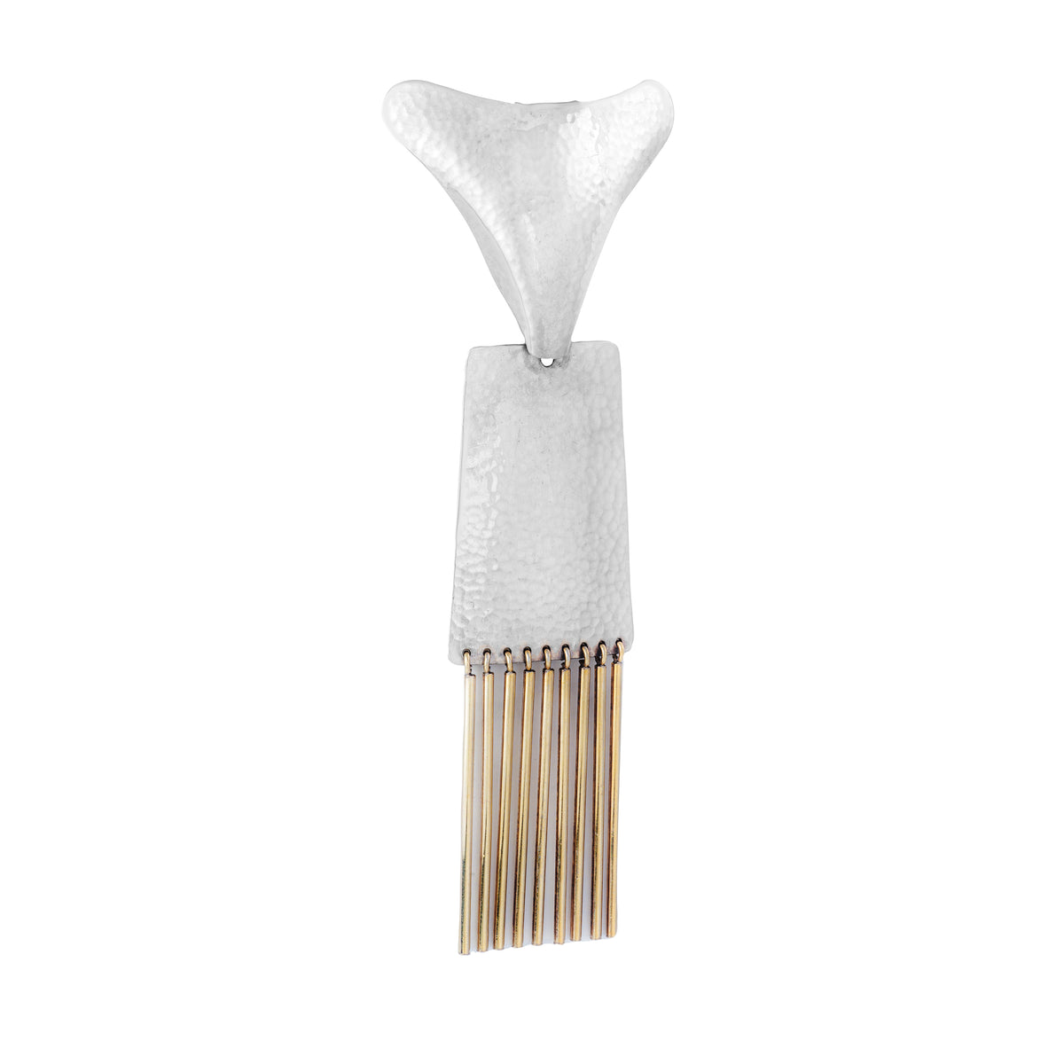 1970s hammered silver pendant with gold-tone fringe and sculptural modernist design