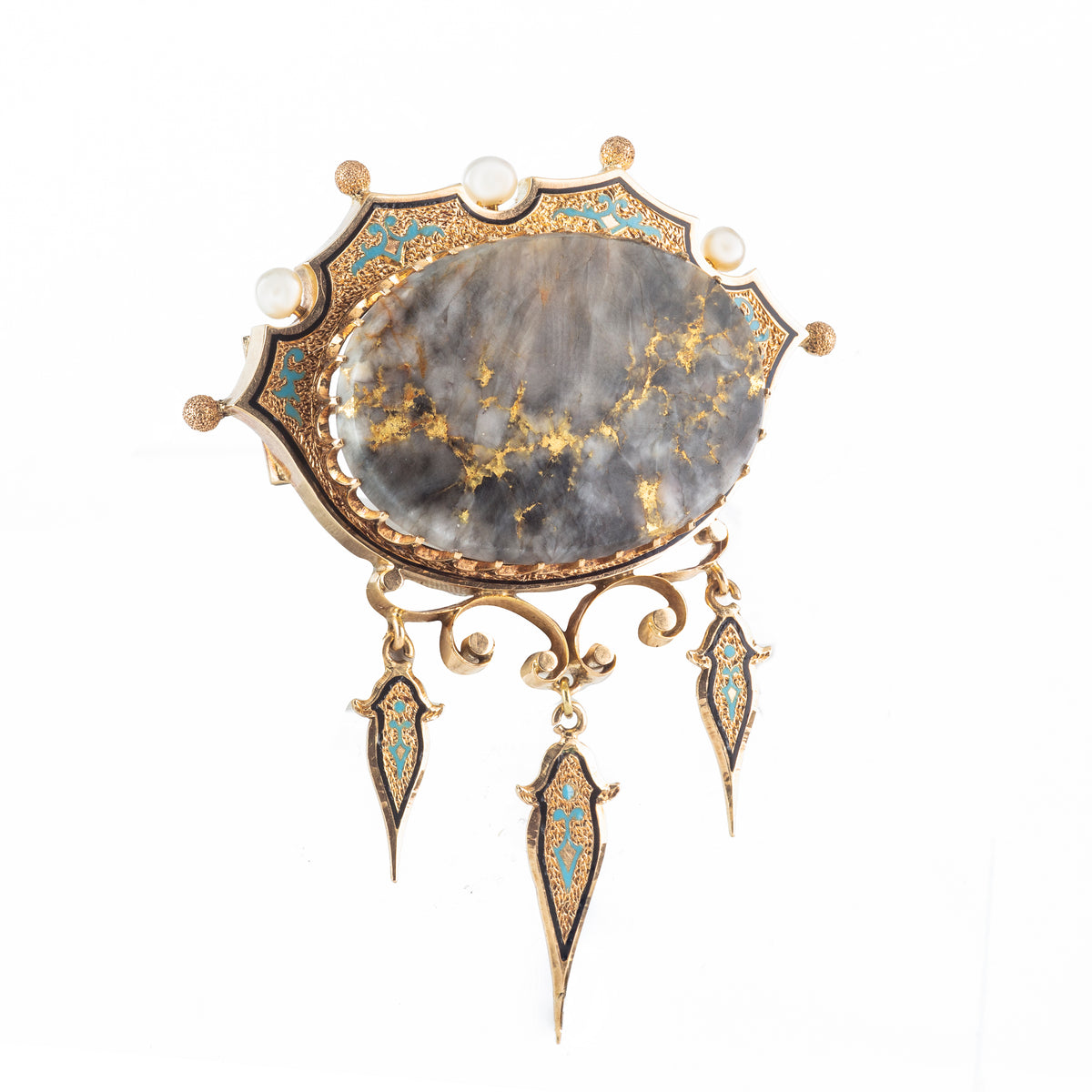 Belle Époque gold and enamel brooch with visible gold-included quartz and three pearls, early 20th century design.