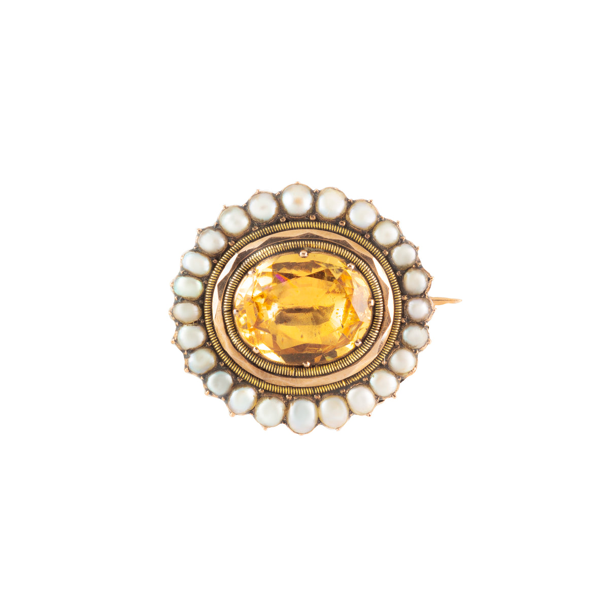 Antique brooch with golden topaz and natural pearl halo in 15ct gold, late Georgian to early Victorian, c.1835.