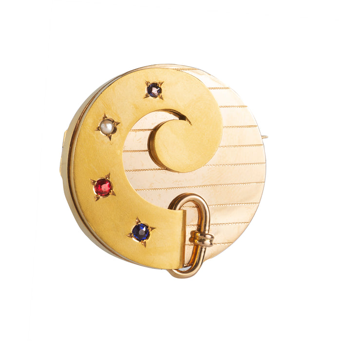Victorian belt and buckle brooch in 18ct gold set with ruby, sapphire, and natural pearl, British, c.1900
