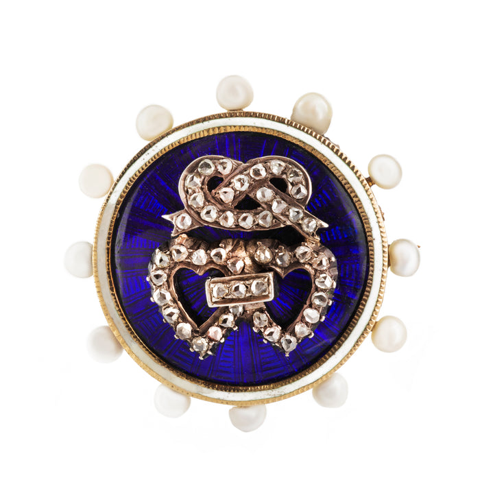 Diamond and pearl double heart brooch-pendant with blue guilloché enamel, English, c.1900