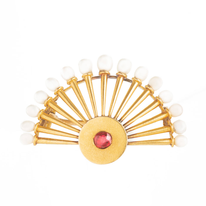 Pearl & Ruby Fan Brooch | 18ct Gold | French c1900s
