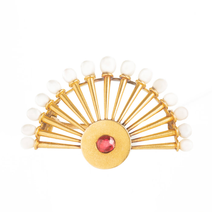 French Natural Pearl Ruby Gold fan brooch